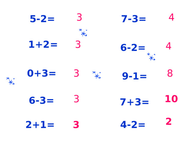 3 4 5-2= 7-3= 3 1+2= 4 6-2= 0+3= 3 8 9-1= 3 10 6-3= 7+3= 2 4-2= 2+1= 3 