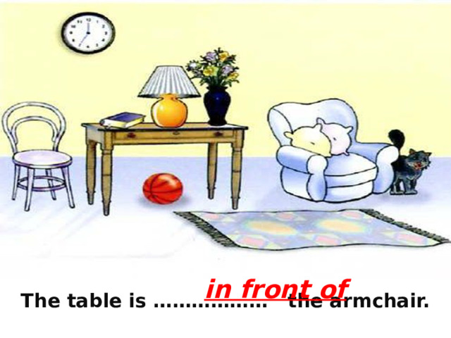 in front of The table is ……………… the armchair. 