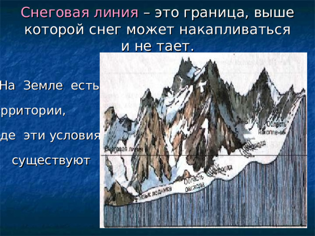 Снеговая линия – это граница, выше которой снег может накапливаться и не тает.   На Земле есть территории, где эти условия существуют    