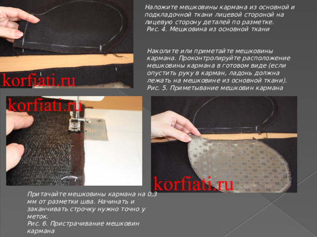 Наложите мешковины кармана из основной и подкладочной ткани лицевой стороной на лицевую сторону деталей по разметке.  Рис. 4. Мешковина из основной ткани Наколите или приметайте мешковины кармана. Проконтролируйте расположение мешковины кармана в готовом виде (если опустить руку в карман, ладонь должна лежать на мешковине из основной ткани). Рис. 5. Приметывание мешковин кармана Притачайте мешковины кармана на 0,3 мм от разметки шва. Начинать и заканчивать строчку нужно точно у меток. Рис. 6. Пристрачивание мешковин кармана 