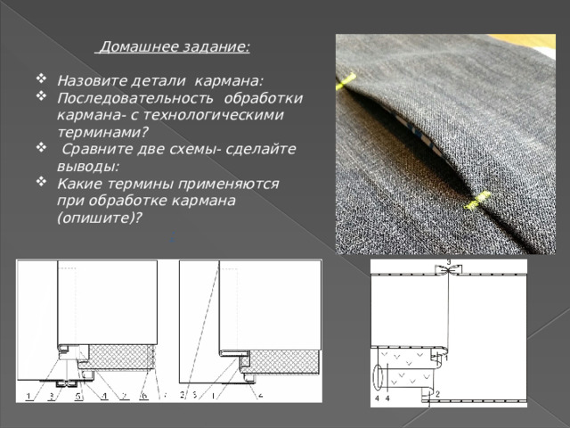  Домашнее задание:  Назовите детали кармана: Последовательность обработки кармана- с технологическими терминами?  Сравните две схемы- сделайте выводы: Какие термины применяются при обработке кармана (опишите)? : 