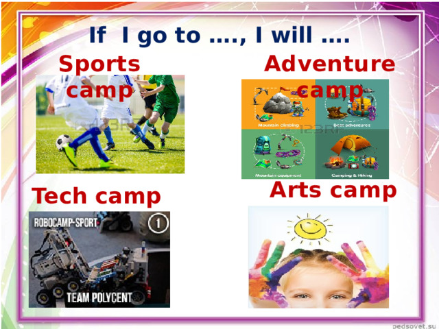If I go to …., I will …. Sports camp Adventure camp Arts camp Tech camp 