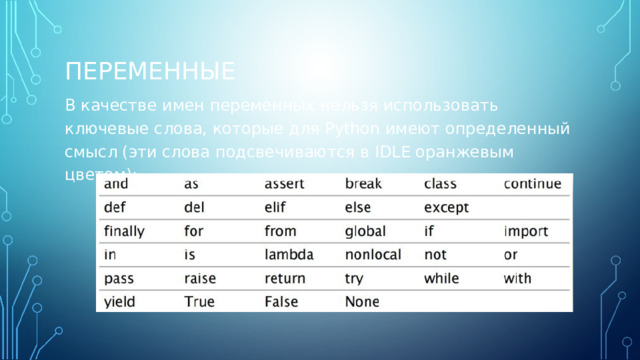 ПЕРЕМЕННЫЕ В качестве имен переменных нельзя использовать ключевые слова, которые для Python имеют определенный смысл (эти слова подсвечиваются в IDLE оранжевым цветом): 