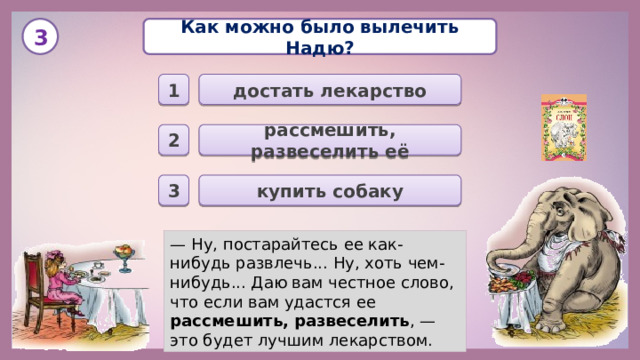 Как можно было вылечить Надю? 3 достать лекарство 1 рассмешить, развеселить её 2 купить собаку 3 — Ну, постарайтесь ее как-нибудь развлечь... Ну, хоть чем-нибудь... Даю вам честное слово, что если вам удастся ее рассмешить, развеселить , — это будет лучшим лекарством.