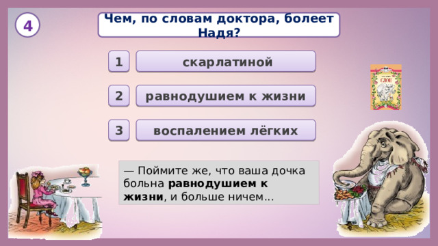 Чем, по словам доктора, болеет Надя? 4  скарлатиной 1 равнодушием к жизни 2 воспалением лёгких 3 — Поймите же, что ваша дочка больна равнодушием к жизни , и больше ничем...