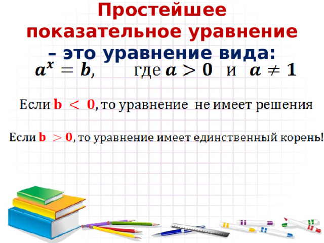 Простейшее показательное уравнение – это уравнение вида: 