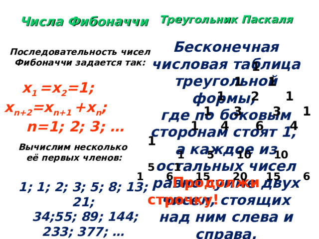  Треугольник Паскаля  Бесконечная числовая таблица треугольной формы, где по боковым сторонам стоят 1, а каждое из остальных чисел равно сумме двух чисел, стоящих над ним слева и справа. Числа Фибоначчи  Последовательность чисел Фибоначчи задается так:  1  1 1  1 2 1  1 3 3 1  1 4 6 4 1   1 5 10 10 5 1  Продолжи строчку!  х 1 =х 2 =1; х n+2 =x n+1 +x n ; n=1 ; 2; 3; …   Вычислим несколько её первых членов: 1 6 15 20 15 6 1 1; 1; 2; 3; 5; 8; 13; 21;  34;55; 89; 144;  233; 377; …   