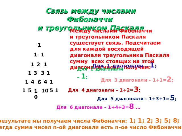 Связь между числами Фибоначчи  и треугольником Паскаля Между числами Фибоначчи и треугольником Паскаля существует связь. Подсчитаем для каждой восходящей диагонали треугольника Паскаля сумму всех стоящих на этой диагонали чисел, получим: 1 1 1 Для 1 диагонали – 1 ; 1 2 1 Для 2 диагонали – 1 ; 1 3 3 1 Для 3 диагонали – 1+1= 2 ; 1 4 4 1 6 Для 4 диагонали – 1+2= 3 ; 5 5 1 1 10 10 Для 5 диагонали – 1+3+1= 5 ; Для 6 диагонали – 1+4+3= 8 ... В результате мы получаем числа Фибоначчи: 1; 1; 2; 3; 5; 8; … Всегда сумма чисел n -ой диагонали есть n -ое число Фибоначчи. 