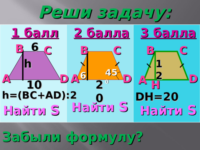 Реши задачу: 1 балл  2 балла 3 балла 6 B C B С C В h 12 45 0 6  D D A D A A 20 H 10 h=(BC+AD):2 DH=20 Найти S Найти S Найти  S  Забыли формулу ? 