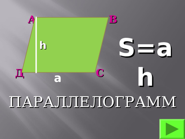 а А В  h S=ah С Д ПАРАЛЛЕЛОГРАММ 