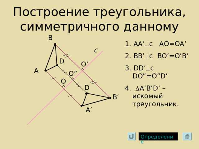 Построение треугольника, симметричного данному В 1. AA’  c AO=OA’ 2. BB’  c BO’=O’B’ 3. DD’  c DO”=O”D’ 4.  A’B’D’ – искомый треугольник. с D O’ А O” O D’ В ’ А ’ Определение 
