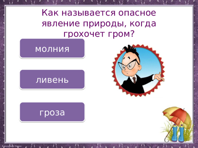 Как называется опасное явление природы, когда грохочет гром? молния ливень гроза 