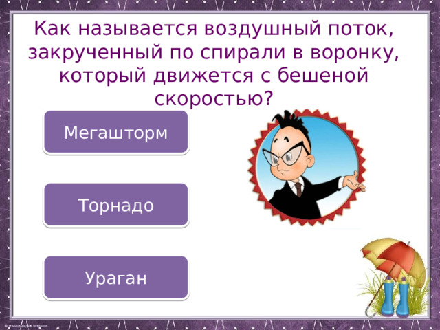 Как называется воздушный поток, закрученный по спирали в воронку, который движется с бешеной скоростью?   Мегашторм Торнадо Ураган 