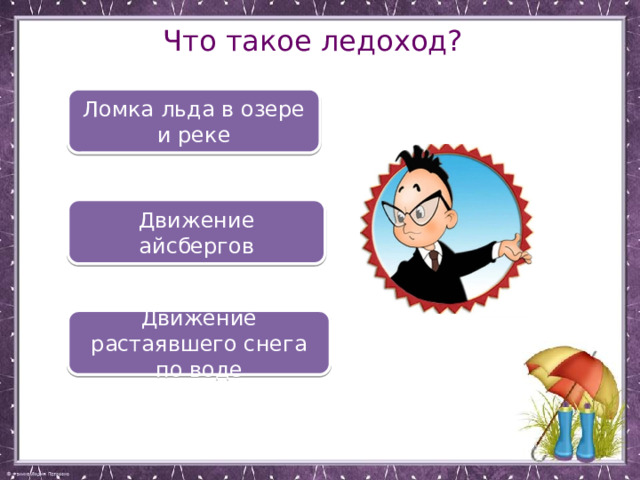 Что такое ледоход? Ломка льда в озере и реке Движение айсбергов Движение растаявшего снега по воде 