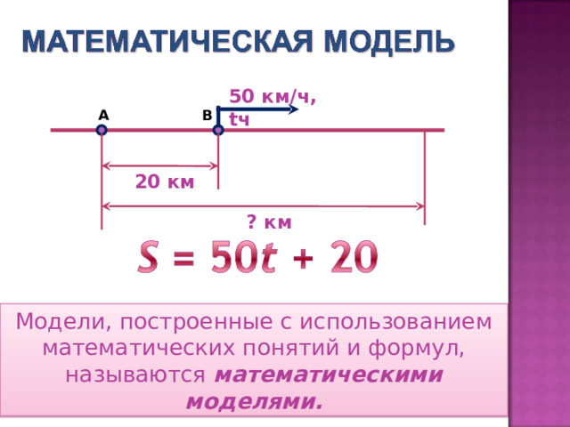 50 км/ч, t ч А В 20 км ? км Модели, построенные с использованием математических понятий и формул, называются математическими моделями. 