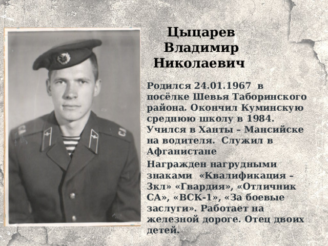 Цыцарев Владимир Николаевич Родился 24.01.1967 в посёлке Шевья Таборинского района. Окончил Куминскую среднюю школу в 1984. Учился в Ханты – Мансийске на водителя. Служил в Афганистане Награжден нагрудными знаками  «Квалификация – 3кл» «Гвардия», «Отличник СА», «ВСК-1», «За боевые заслуги». Работает на железной дороге. Отец двоих детей. 