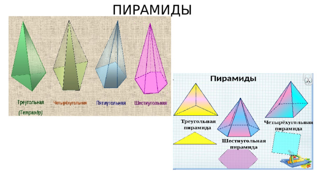 ПИРАМИДЫ Рассматриваем пирамиды. Находим: что в них общего и чем они отличаются. Показываем основание, грани, ребра, вершины. Подсчитываем их количество.  