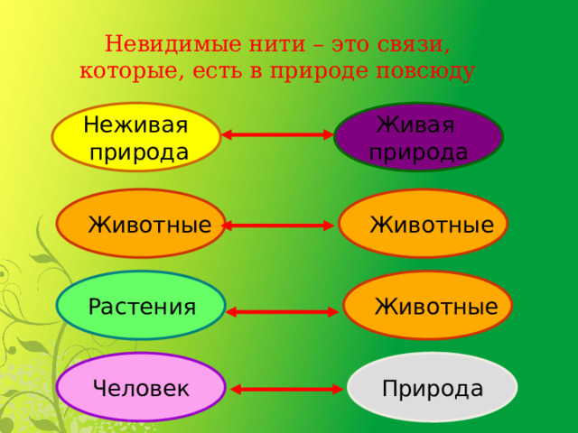 Невидимые нити – это связи, которые, есть в природе повсюду Живая Неживая природа природа Животные Животные Растения Животные Человек Природа 