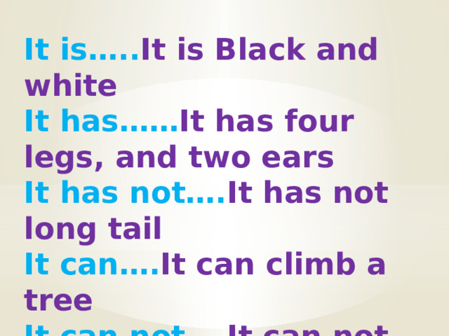 It is….. It is Black and white It has…… It has four legs, and two ears It has not…. It has not long tail It can…. It can climb a tree It can not…. It can not swim 