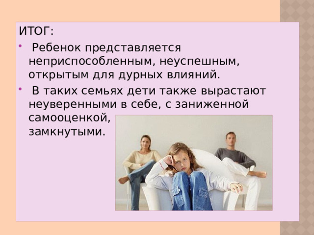 ИТОГ: Ребенок представляется неприспособленным, неуспешным, открытым для дурных влияний. В таких семьях дети также вырастают неуверенными в себе, с заниженной самооценкой, несамостоятельными и замкнутыми.