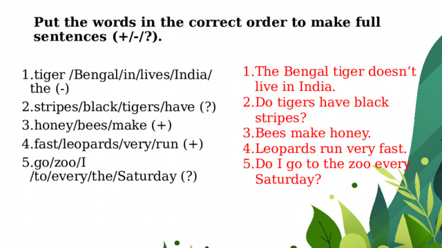 Put the words in the correct order to make full sentences (+/-/?).   The Bengal tiger doesn’t live in India. Do tigers have black stripes? Bees make honey. Leopards run very fast. Do I go to the zoo every Saturday? tiger /Bengal/in/lives/India/the (-) stripes/black/tigers/have (?) honey/bees/make (+) fast/leopards/very/run (+) go/zoo/I /to/every/the/Saturday (?) 