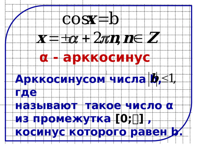 α - арккосинус Арккосинусом числа b, где называют такое число α из промежутка [0; ] , косинус которого равен b. 