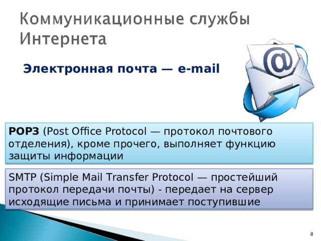 Электронная почта — e - mail  РОРЗ ( Post Office Protocol — протокол почтового отделения), кроме прочего, выполняет функцию защиты информации SMTP ( Simple Mail Transfer Protocol — простейший протокол передачи почты) - передает на сервер исходящие письма и принимает поступившие  