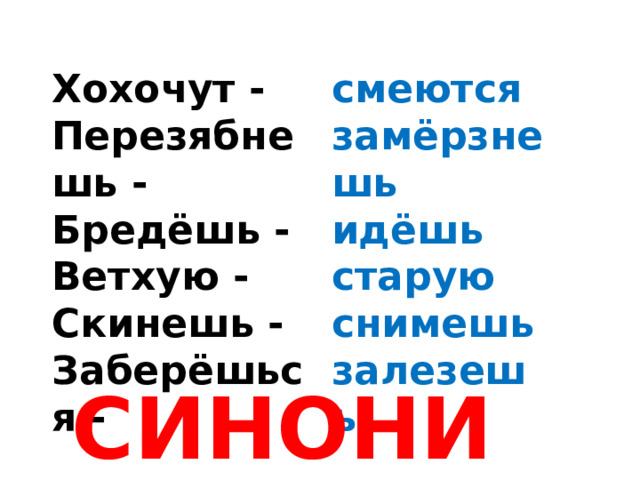 Хохочут - Перезябнешь - Бредёшь - Ветхую - Скинешь - Заберёшься -  смеются замёрзнешь идёшь старую снимешь залезешь СИНОНИМЫ 