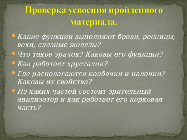 Какие функции выполняют брови, ресницы, веки, слезные железы? Что такое зрачок? Каковы его функции? Как работает хрусталик? Где располагаются колбочки и палочки? Каковы их свойства? Из каких частей состоит зрительный анализатор и как работает его корковая часть? 