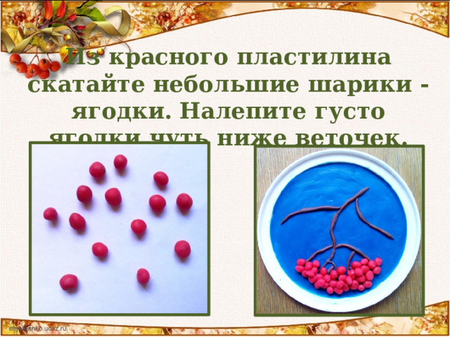Из красного пластилина скатайте небольшие шарики - ягодки.  Налепите густо ягодки чуть ниже веточек.  