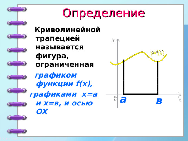 Определение  Криволинейной трапецией называется фигура, ограниченная  графиком функции  f(x) , графиками х=а и х=в , и осью ОХ а в  