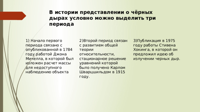 В истории представлении о чёрных дырах условно можно выделить три периода 1) Начало первого периода связано с опубликованной в 1784 году работой Джона Мичелла, в которой был изложен расчет массы для недоступного наблюдению объекта 2)Второй период связан с развитием общей теории относительности, стационарное решение уравнений которой было получено Карлом Шварцшильдом в 1915 году. 3)Публикация в 1975 году работы Стивена Хокинга, в которой он предложил идею об излучении черных дыр. 