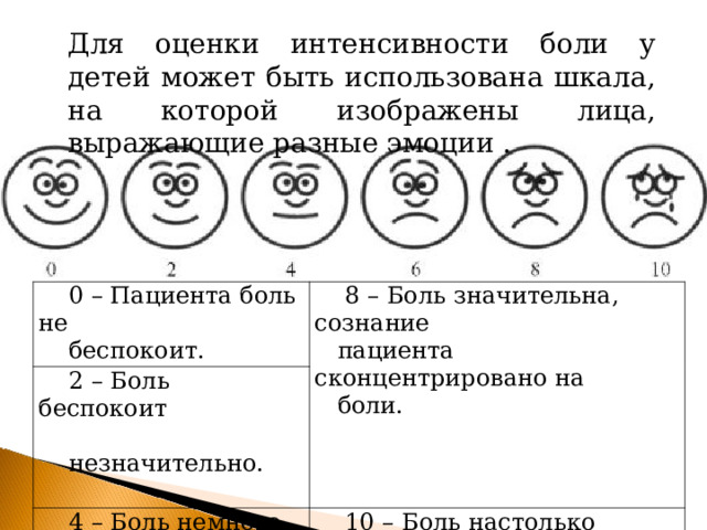 Для оценки интенсивности боли у детей может быть использована шкала, на которой изображены лица, выражающие разные эмоции .  0 – Пациента боль не  беспокоит.  2 – Боль беспокоит  незначительно.  8 – Боль значительна, сознание  пациента сконцентрировано на  боли.  4 – Боль немного  беспокоит.  10 – Боль настолько сильна,  насколько пациент может ее  представить; он еле сдерживается.  6 – Боль существенно  беспокоит. 