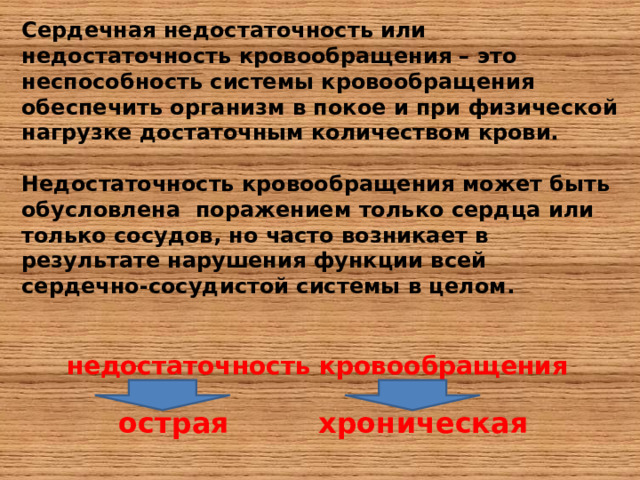Сердечная недостаточность или недостаточность кровообращения – это неспособность системы кровообращения обеспечить организм в покое и при физической нагрузке достаточным количеством крови.   Недостаточность кровообращения может быть обусловлена поражением только сердца или только сосудов, но часто возникает в результате нарушения функции всей сердечно-сосудистой системы в целом.         недостаточность кровообращения     острая хроническая   