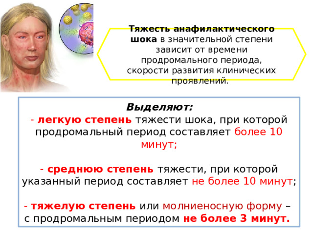 Тяжесть анафилактического шока в значительной степени зависит от времени продромального периода, скорости развития клинических проявлений. Выделяют:  -  легкую степень тяжести шока, при которой продромальный период составляет более 10 минут;   - среднюю степень тяжести, при которой указанный период составляет не более 10 минут ;   - тяжелую степень или молниеносную форму –  с продромальным периодом не более 3 минут. 