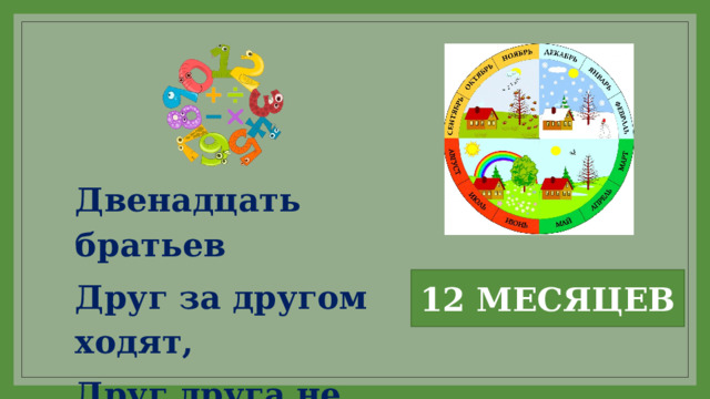 Двенадцать братьев Друг за другом ходят, Друг друга не обходят. 12 МЕСЯЦЕВ 