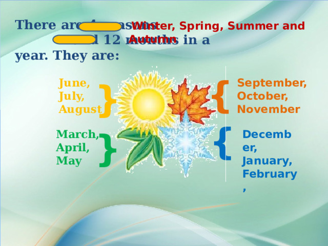 There are 4 seasons and 12 months in a year. They are:  Winter, Spring, Summer and Autumn  } September, June, October, July, August November } } } March, December, April, January, May February, 