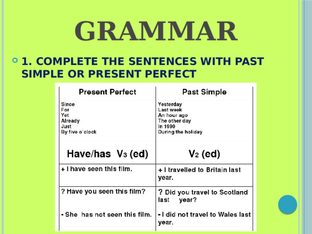 GRAMMAR 1. COMPLETE THE SENTENCES WITH PAST SIMPLE OR PRESENT PERFECT 