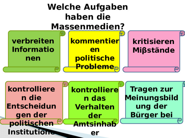 Welche Aufgaben haben die Massenmedien? verbreiten Informationen kommentieren politische Probleme kritisieren Miβstände kontrollieren die Entscheidungen der politischen Institutionen Tragen zur Meinungsbildung der Bürger bei kontrollieren das Verhalten der Amtsinhaber 4 