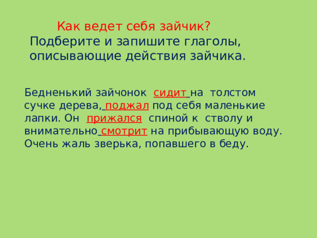 Как ведет себя зайчик? Подберите и запишите глаголы, описывающие действия зайчика. Бедненький зайчонок  сидит  на  толстом сучке дерева,  поджал под себя маленькие лапки. Он  прижался   спиной к  стволу и  внимательно  смотрит на прибывающую воду. Очень жаль зверька, попавшего в беду.