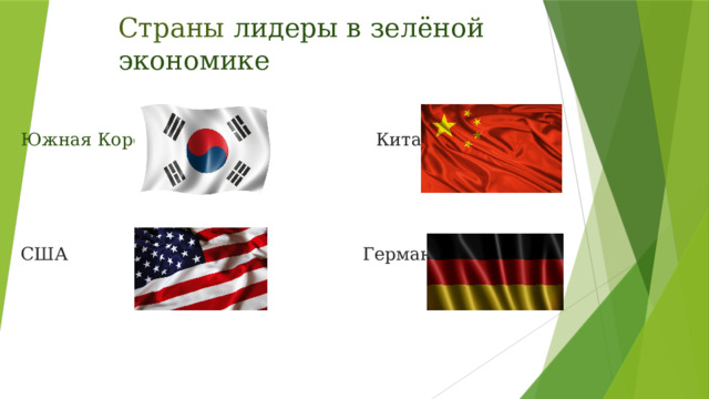 Страны лидеры в зелёной экономике  Южная Корея Китай  США  Германия 