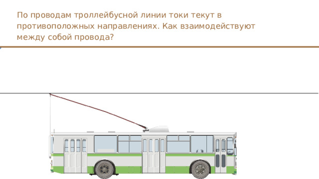 По проводам троллейбусной линии токи текут в противоположных направлениях. Как взаимодействуют между собой провода? 