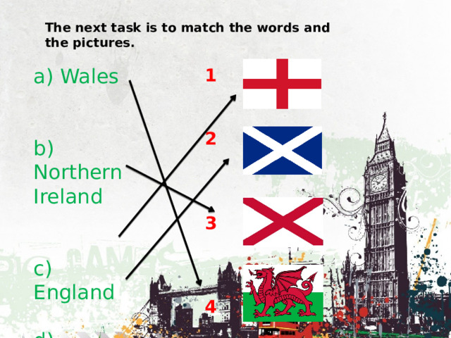 The next task is to match the words and the pictures. a) Wales b) Northern Ireland c) England d) Scotland 1   2    3    4 