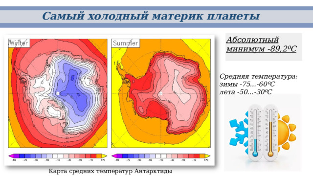 Самый холодный материк планеты Абсолютный минимум -89,2⁰С Средняя температура: зимы -75…-60⁰С лета -50…-30⁰С Карта средних температур Антарктиды 
