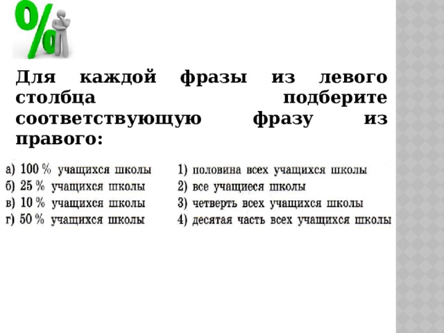 Для каждой фразы из левого столбца подберите соответствующую фразу из правого: 