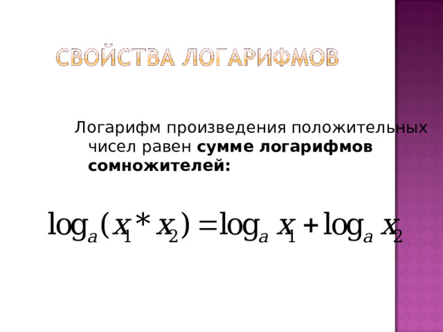 Логарифм произведения положительных чисел равен сумме  логарифмов сомножителей:   