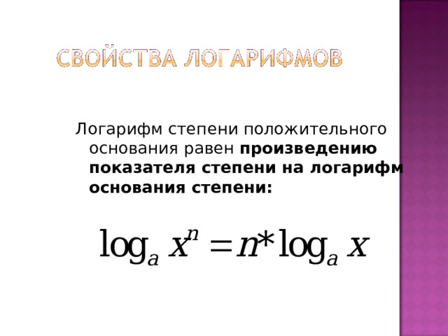 Логарифм степени положительного основания равен произведению показателя степени на логарифм основания степени:   