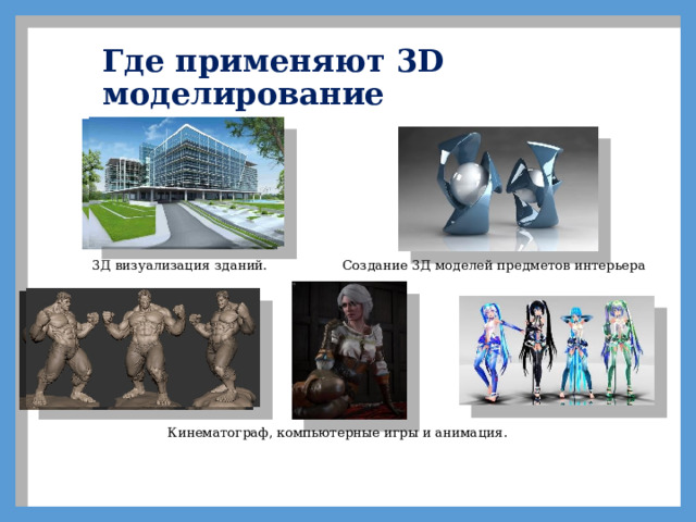Где применяют 3D моделирование Создание 3Д моделей предметов интерьера 3Д визуализация зданий. Кинематограф, компьютерные игры и анимация. 