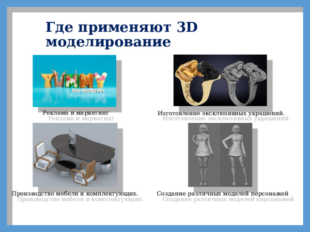Где применяют 3D моделирование Реклама и маркетинг Изготовление эксклюзивных украшений. Производство мебели и комплектующих. Создание различных моделей персонажей 