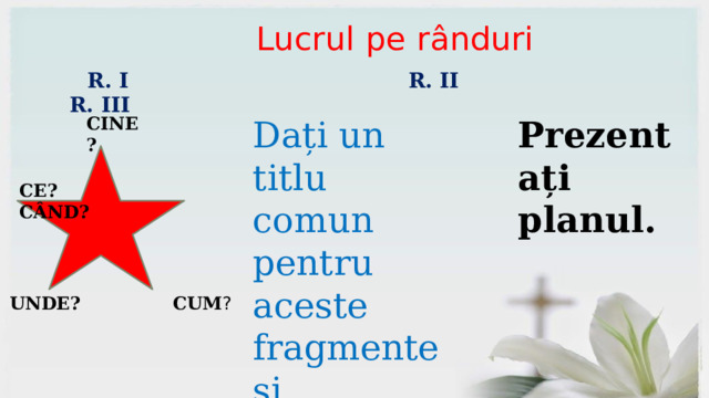  Lucrul pe rânduri  R. I R. II R. III CINE?  Dați un titlu comun pentru aceste fragmente și argumentați. Prezentați planul. CE?  CÂND?  UNDE? CUM ? 